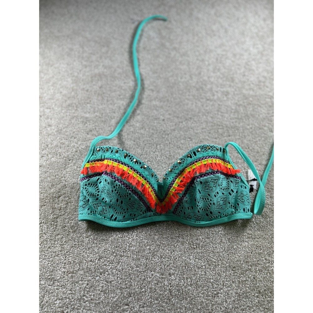 Shade & Shore Women's Swim Top 34C Turquoise Lace with Tassels